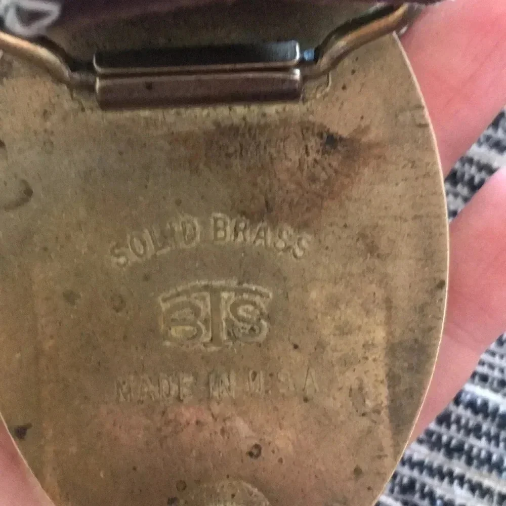 BTS vintage solid brass belt buckle with brushed suede split cowhide belt 38 - Picture 3 of 6